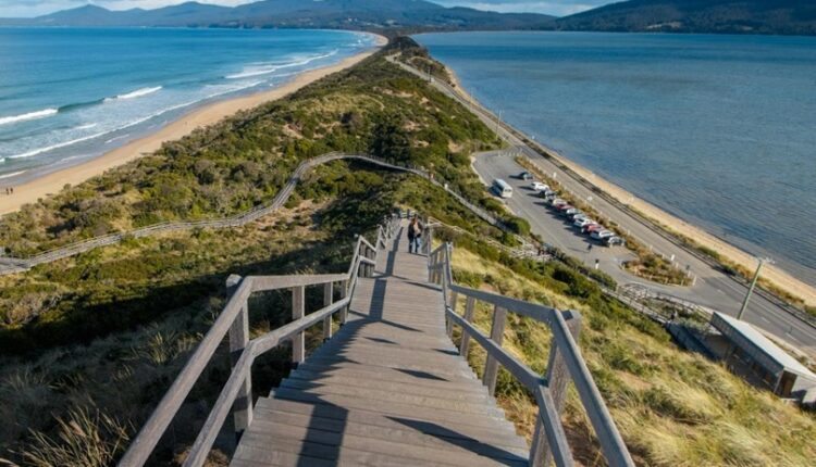 The Neck Lookout on Bruny Island, Tasmania, with the narrow isthmus, coastline and surrounding waters